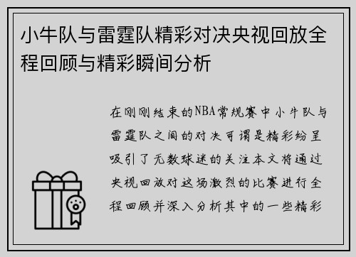 小牛队与雷霆队精彩对决央视回放全程回顾与精彩瞬间分析